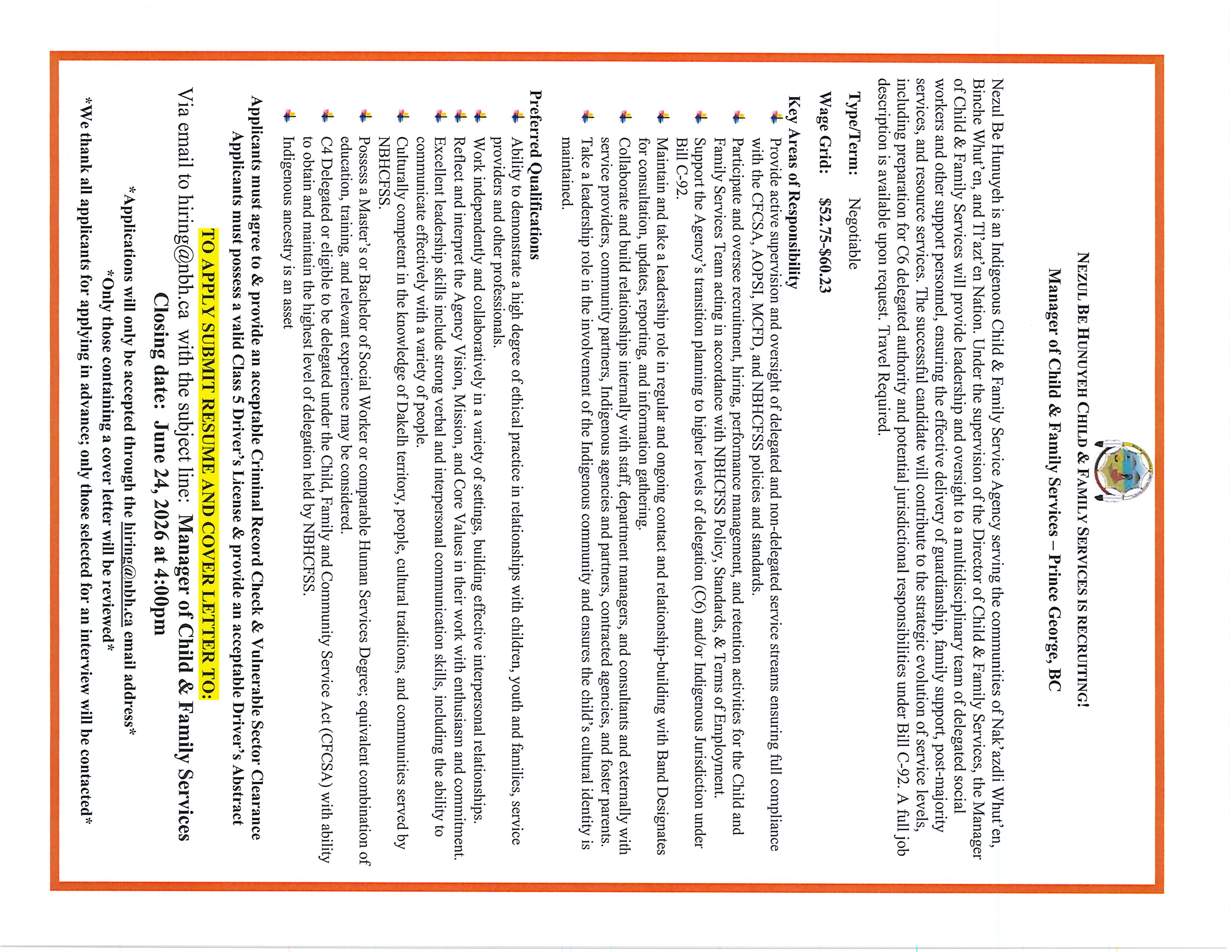 Manager of Child & Family Services, Prince George | Nezul Be Hunuyeh